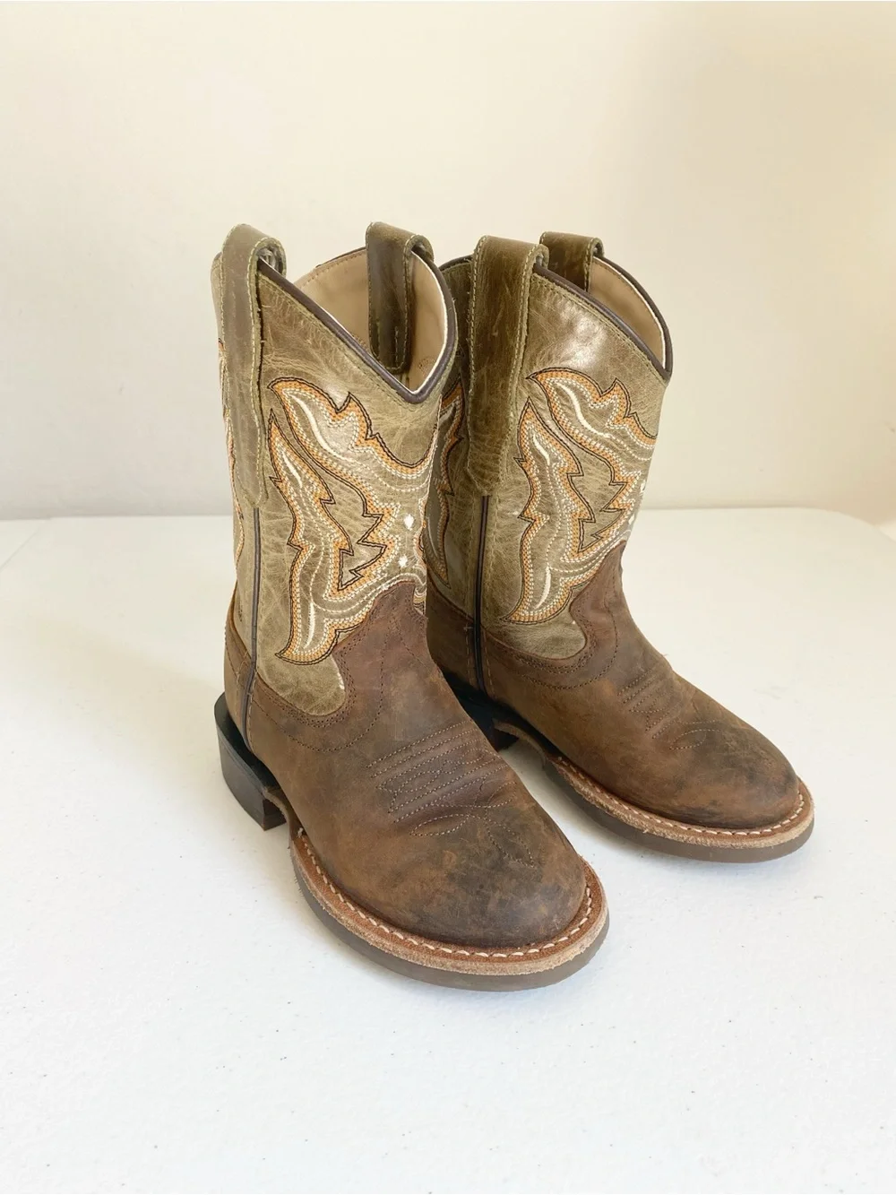 Old West Kids Broad Round Toe Leather Western Boots Tan Olive Size 8.5D